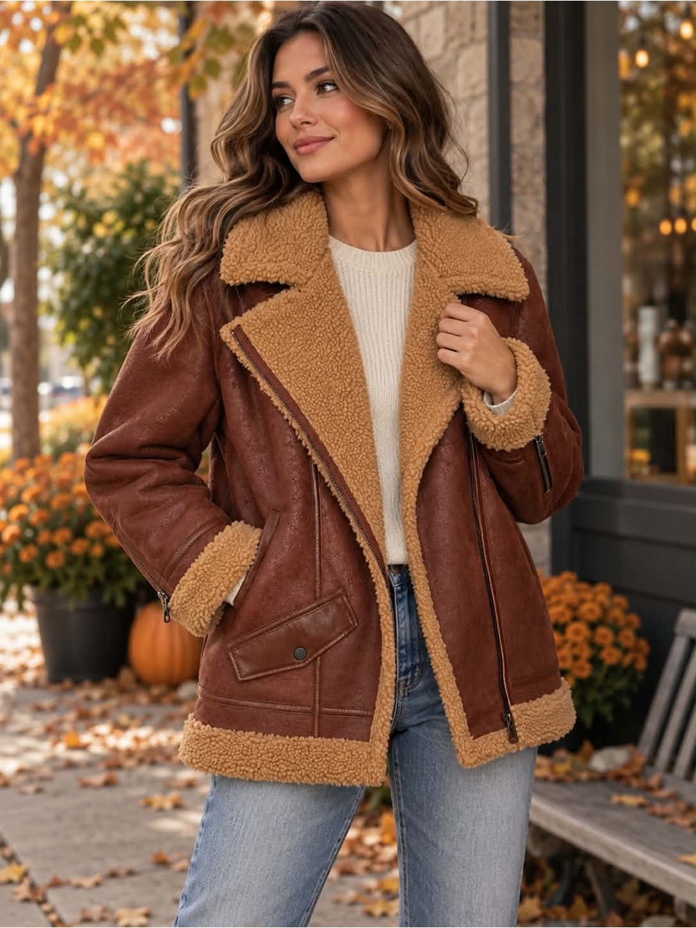 Express Faux Suede Sherpa Teddy Moto Jacket Brown Oversized Women’s Size Small - Picture 2 of 10